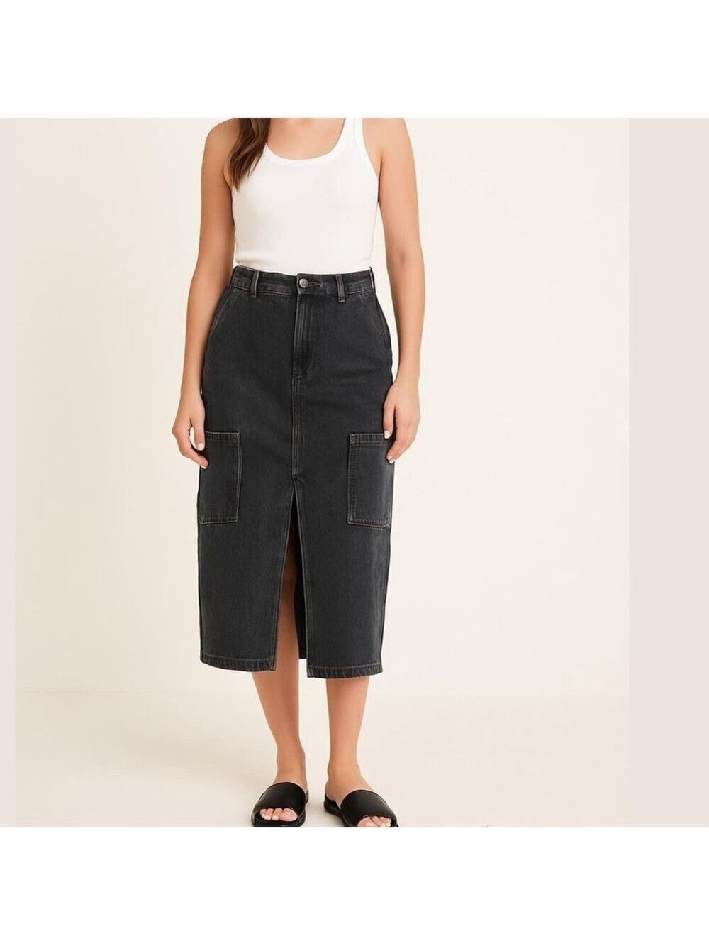 Old Navy mid rise Denim Skirt dark wash denim cargo skirt front slit size 14